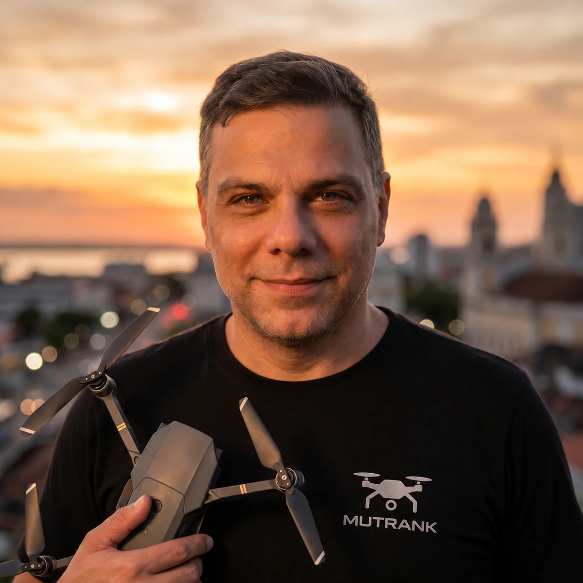 Retrato de apresentação de Marcelo Mutran, com drone e camiseta MutranK